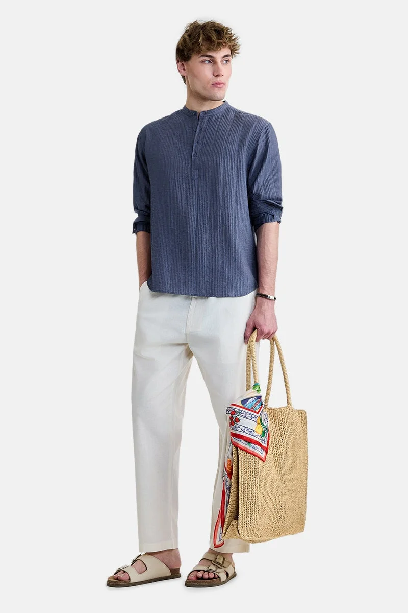 سنيتش Blue Textured Long Sleeve Regular Fit Shirt