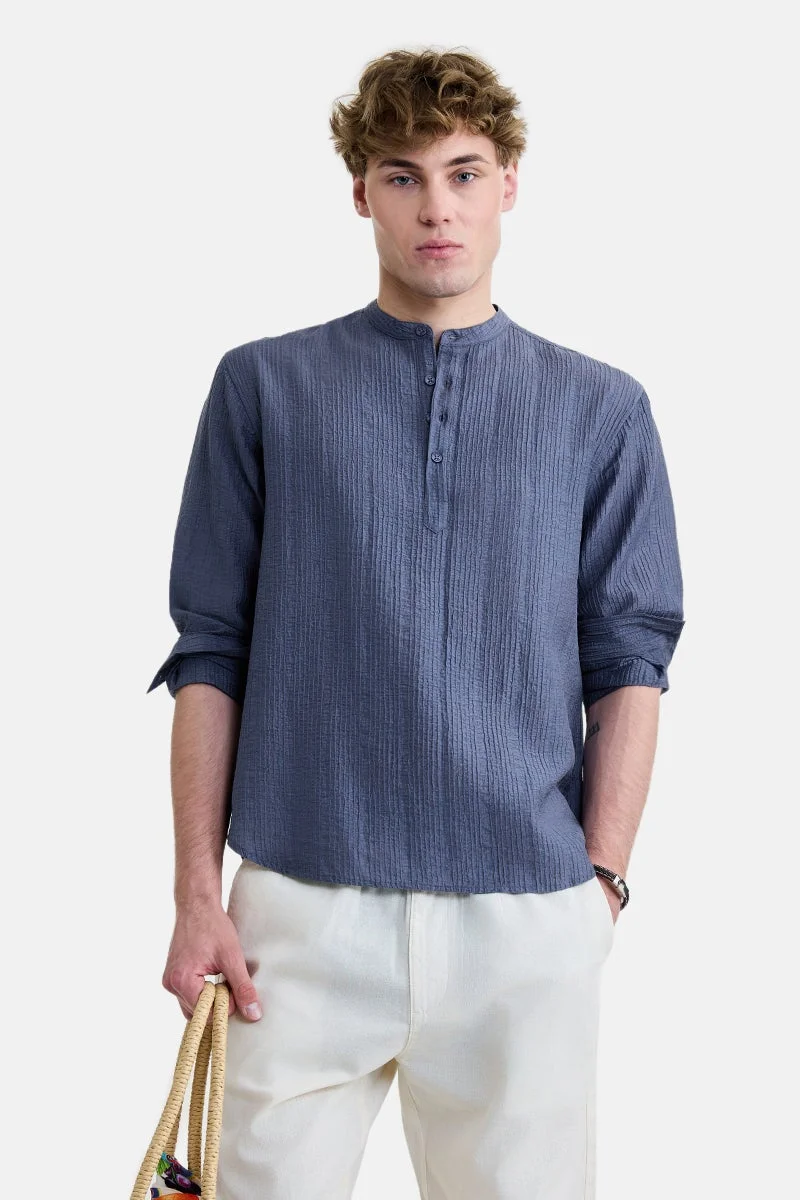 سنيتش Blue Textured Long Sleeve Regular Fit Shirt