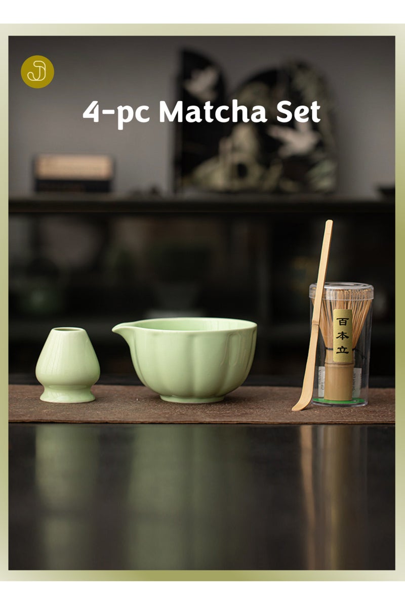 JOYYE 4-piece Japanese Matcha Set, Ceramic Matcha Bowl with pouring spout+Whisk Holder+Bamboo Whisk+Spoon,for Traditional Tea Ceremony-Coarse Ceramic Perfect Handmade Matcha Kit to Prepare Traditional Matcha Tea, 100% Natural Matcha Gift Kit (Green) - Image 1