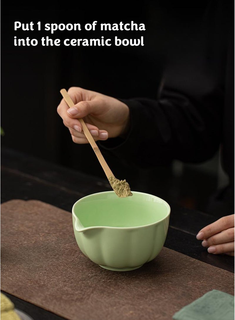 JOYYE 4-piece Japanese Matcha Set, Ceramic Matcha Bowl with pouring spout+Whisk Holder+Bamboo Whisk+Spoon,for Traditional Tea Ceremony-Coarse Ceramic Perfect Handmade Matcha Kit to Prepare Traditional Matcha Tea, 100% Natural Matcha Gift Kit (Green) - Image 2