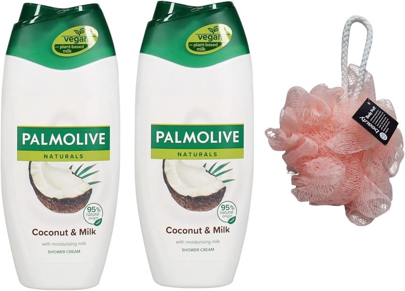 Plmo live Naturals Coconut With Moisturising Milk Shower Cream Vegan2x 500mL With Free Beauty Body PuffAny Colour