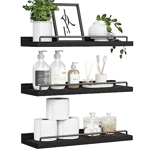 RYOFOBETTO Floating Shelves for Wall Decor Bathroom Shelves Over Toilet, Farmhouse Wall Shelves for Living Room, Bedroom, Picture Frames, Plants, Kitchen (Black, Set of 3) - Image 3