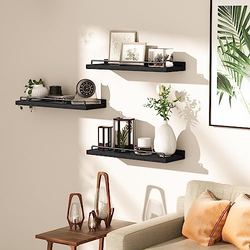 RYOFOBETTO Floating Shelves for Wall Decor Bathroom Shelves Over Toilet, Farmhouse Wall Shelves for Living Room, Bedroom, Picture Frames, Plants, Kitchen (Black, Set of 3) - Image 5