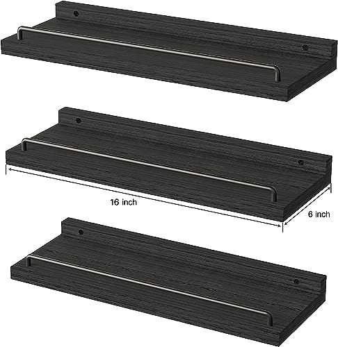 RYOFOBETTO Floating Shelves for Wall Decor Bathroom Shelves Over Toilet, Farmhouse Wall Shelves for Living Room, Bedroom, Picture Frames, Plants, Kitchen (Black, Set of 3) - Image 2