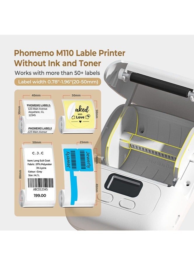 phomemo M110 Label Maker Machine with 50mm Print Width, Portable Bluetooth Thermal Label Printer, Barcode Printer for Clothing, Jewelry, Retail, Mailing, Compatible with Android IOS System (White) - Image 3