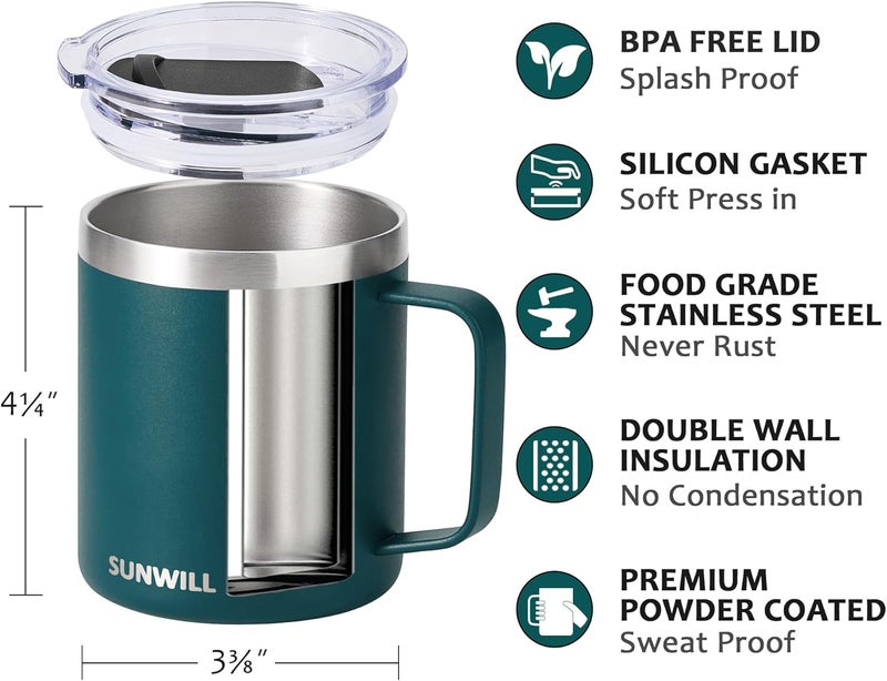 SUNWILL Travel Coffee Mug with Lid, Insulated Cup with Handle, 14 oz Stainless Steel Tumbler for Camping, Office, Outdoor, Powder Coated Dark Green - Image 2