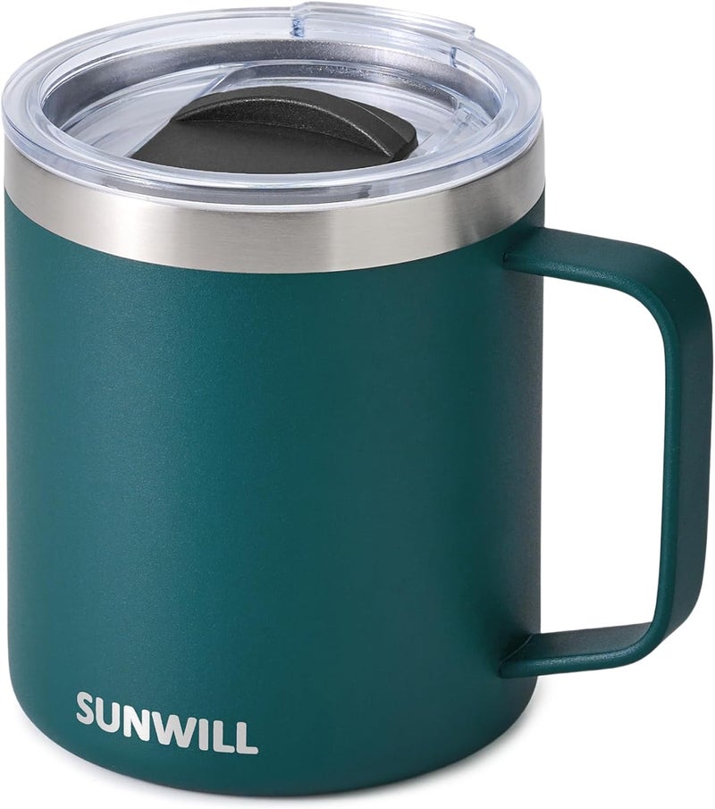 SUNWILL Travel Coffee Mug with Lid, Insulated Cup with Handle, 14 oz Stainless Steel Tumbler for Camping, Office, Outdoor, Powder Coated Dark Green - Image 1