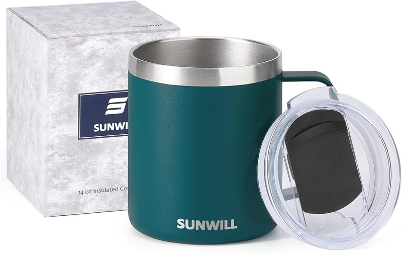 SUNWILL Travel Coffee Mug with Lid, Insulated Cup with Handle, 14 oz Stainless Steel Tumbler for Camping, Office, Outdoor, Powder Coated Dark Green - Image 5