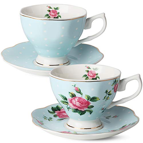 Brew To A Tea BTaT- Floral Tea Cups and Saucers, Set of 2, 8oz, with Gold Trim, Coffee Cups, Floral Tea Cup Set, British Tea Cups, Porcelain Tea Set, Tea Sets for Women - Image 1