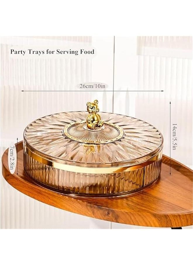 HOOKOR - 28cm/11in Snack Serving Tray with Lid, Plastic Divided Appetizer Tray 4 Compartments Round Food Tray for Dried Fruits, Candy, Nuts, Cookies, Treats - Image 1