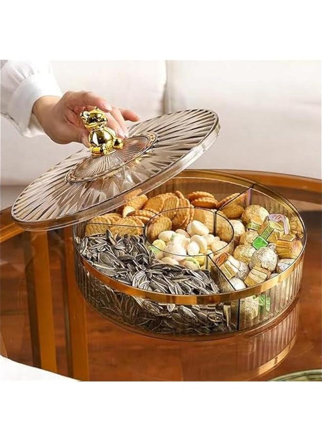 HOOKOR - 28cm/11in Snack Serving Tray with Lid, Plastic Divided Appetizer Tray 4 Compartments Round Food Tray for Dried Fruits, Candy, Nuts, Cookies, Treats - Image 1