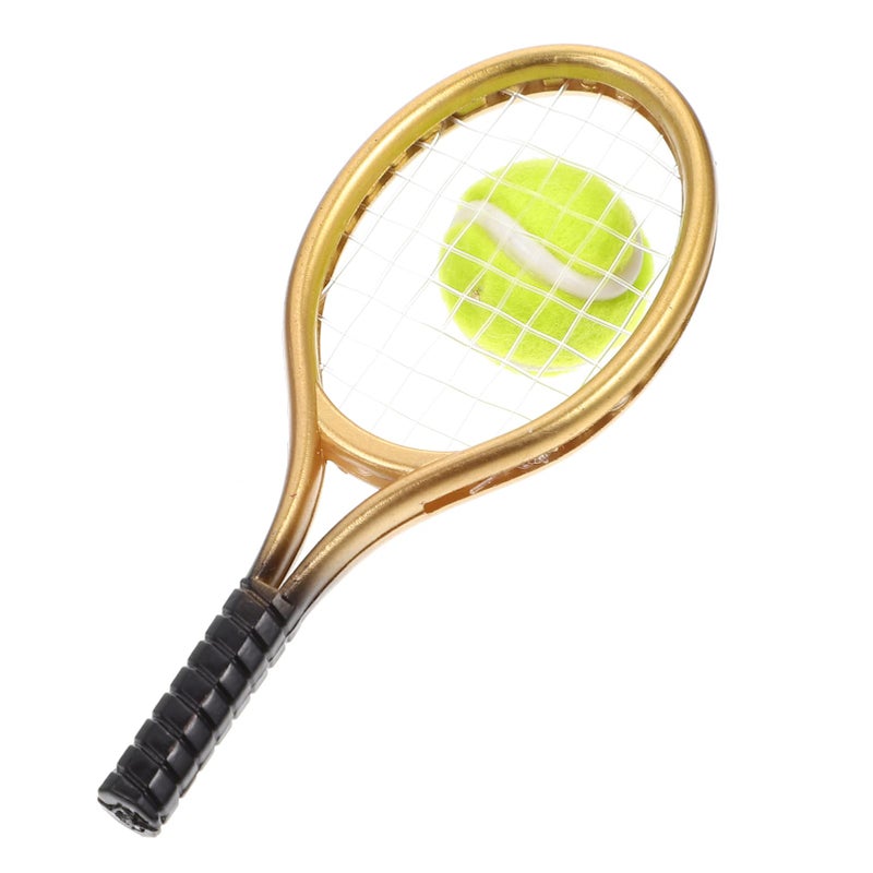 Miniature Gold Tennis Racket And Ball Set Dollhouse Accessories DIY Craft Supplies - Image 2