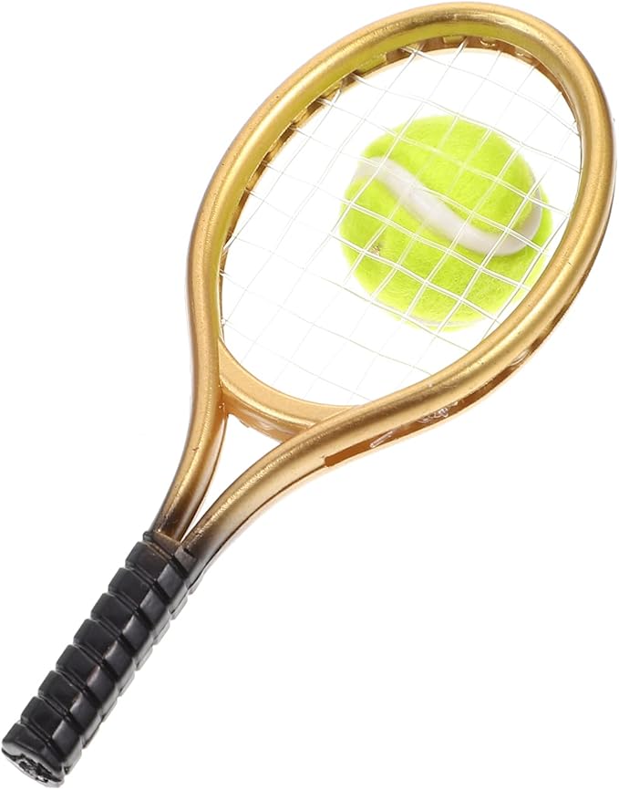 Miniature Gold Tennis Racket And Ball Set Dollhouse Accessories DIY Craft Supplies - Image 1