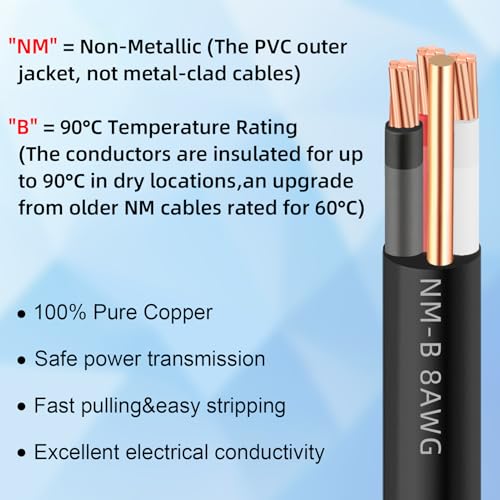 XMK 50ft NM-B 8/3 Wire with Ground,8/3 8 Gauge 3 Conductor Wire,8-3 Copper 8 AWG Non-Metallic Sheathed 8/3 NM-B W/G Cable,Stranded Indoor Residential Electrical Wiring for Branch Circuit Switches&Outlets - Image 4