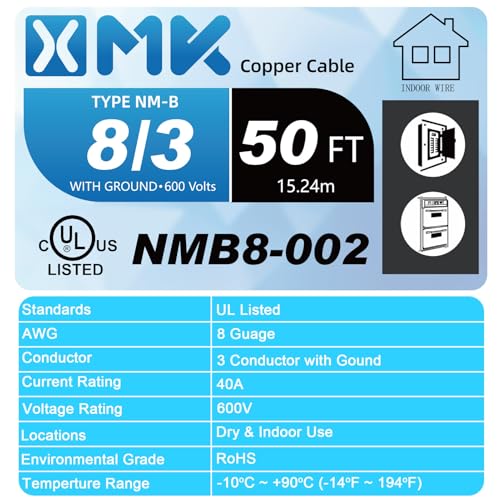 XMK 50ft NM-B 8/3 Wire with Ground,8/3 8 Gauge 3 Conductor Wire,8-3 Copper 8 AWG Non-Metallic Sheathed 8/3 NM-B W/G Cable,Stranded Indoor Residential Electrical Wiring for Branch Circuit Switches&Outlets - Image 2