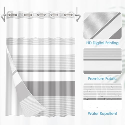 Nesphy No Hook Grey Shower Curtain with Snap in Fabric Liner Set, Boho Striped Modern Double Layers Waterproof Fabric with See Through Top Window Open Grommet Bath Curtain 71x74 Inch - Image 2