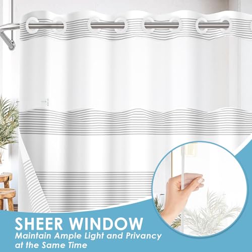 Nesphy No Hook Grey Shower Curtain with Snap in Fabric Liner Set, Boho Striped Modern Double Layers Waterproof Fabric with See Through Top Window Open Grommet Bath Curtain 71x74 Inch - Image 4