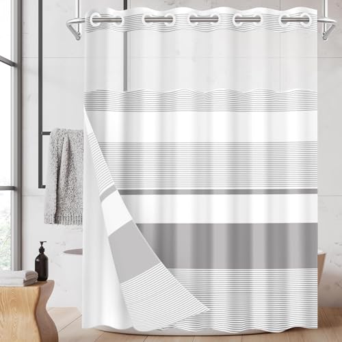 Nesphy No Hook Grey Shower Curtain with Snap in Fabric Liner Set, Boho Striped Modern Double Layers Waterproof Fabric with See Through Top Window Open Grommet Bath Curtain 71x74 Inch - Image 1