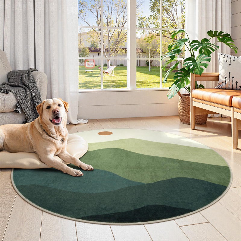 Sungea 4ft Abstract Round Rug,Soft Washable Non-Slip Mountain Circle Classroom Rug,Chic Stain Resistant Low-Pile Throw Rugs for Entryway/Bedroom/Nursery/Living Room(Green) - Image 2