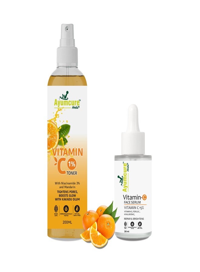 Ayumcure Vitamin C Combo Pack | 3% Niacinamide + 15% Vitamin C, Vitamin E & Hyaluronic Acid | Tightens Pores, Boosts Glow & Brightens Skin | All Skin Types | 200ml Toner + 30ml Serum | Men & Women - Image 1