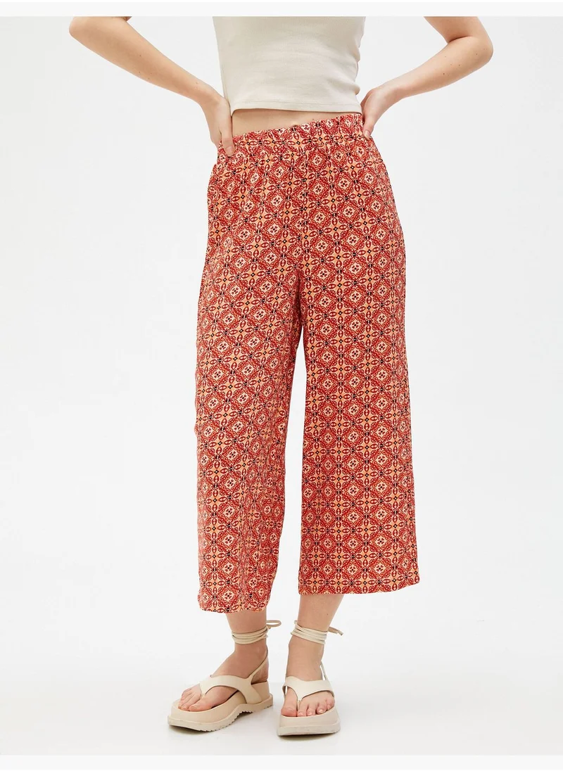 KOTON Viscose Elastic Waist Ethnic Patterned Wide Leg Trousers