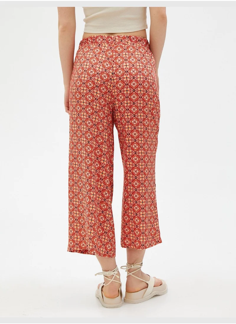 KOTON Viscose Elastic Waist Ethnic Patterned Wide Leg Trousers