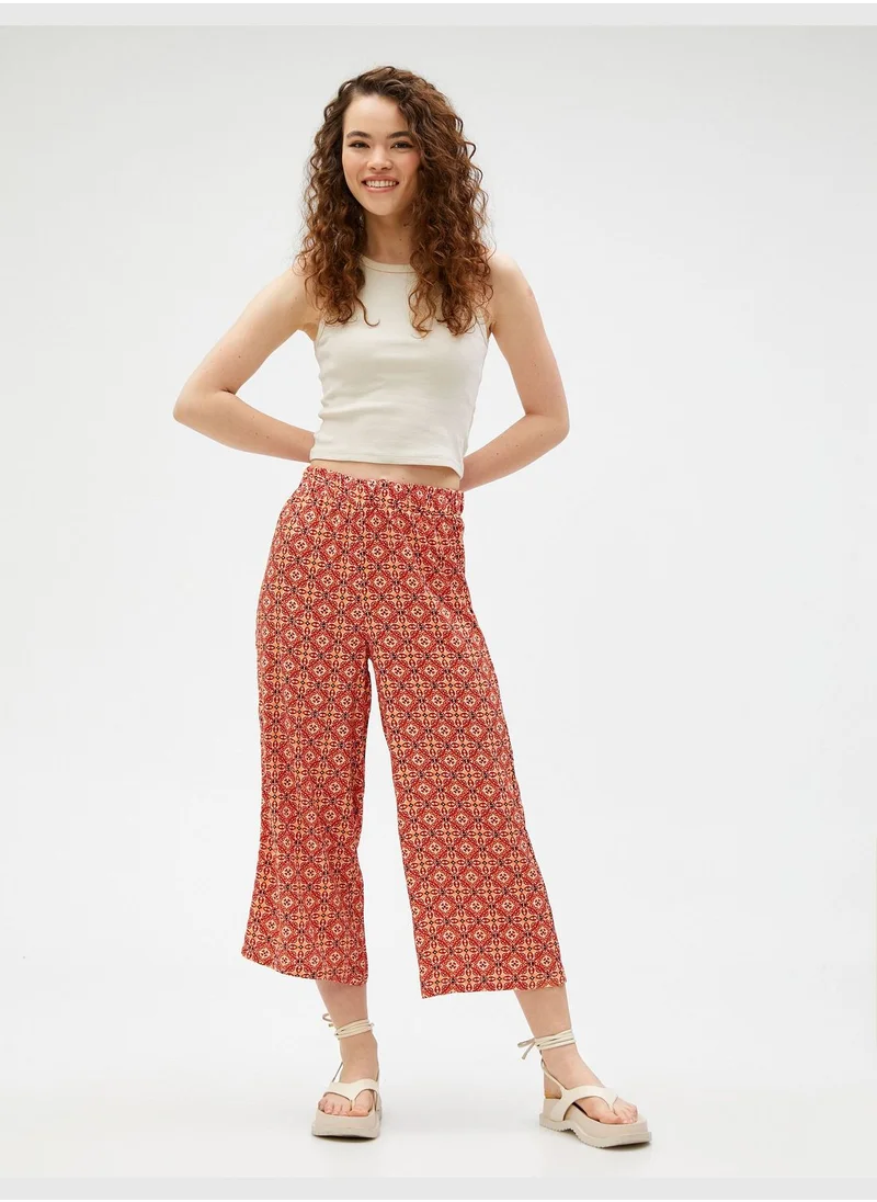 كوتون Viscose Elastic Waist Ethnic Patterned Wide Leg Trousers