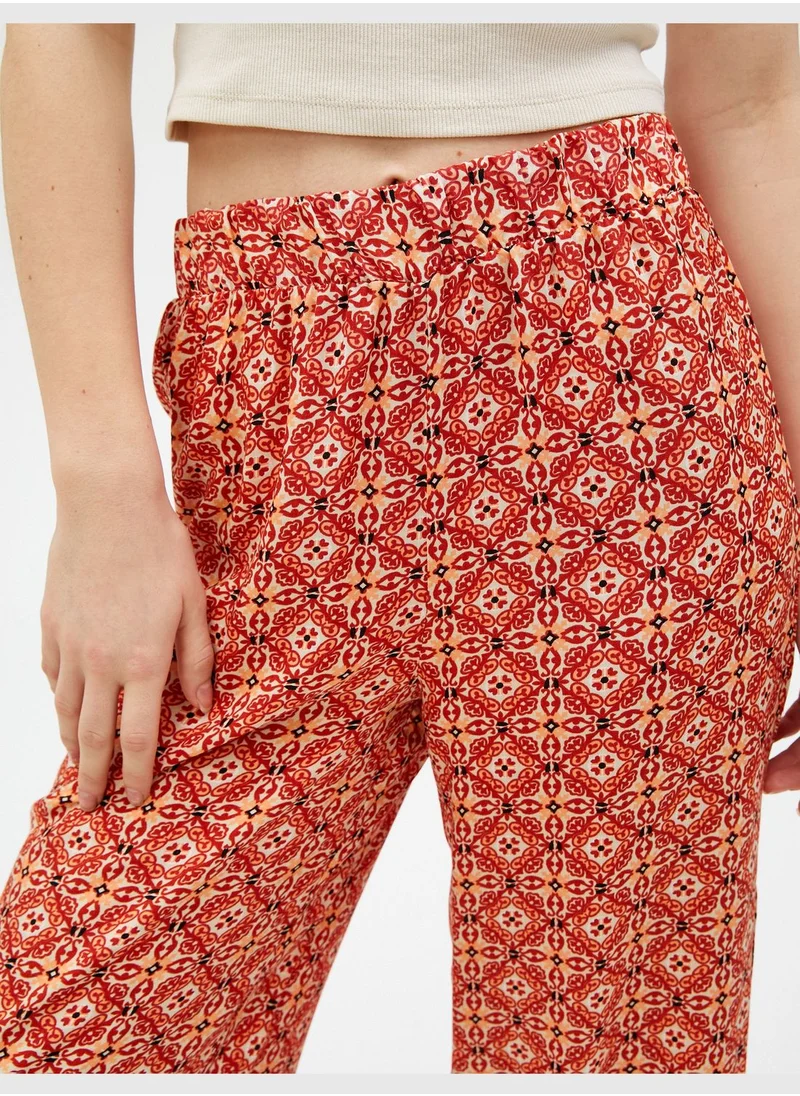 KOTON Viscose Elastic Waist Ethnic Patterned Wide Leg Trousers