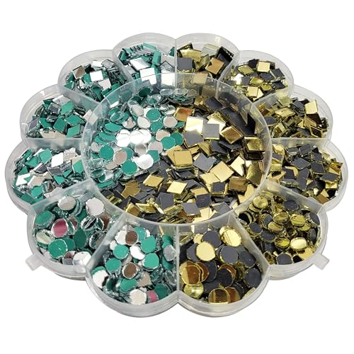 INDIKONB Craft Mirror Set with Storage Box | Glass Pieces for Lippan Art, Crafts, and Jewelry Making - Combo Set of 12 Shapes, 4-11mm (Gold and Silver) - Image 1