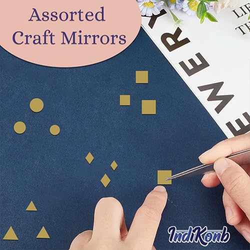INDIKONB Craft Mirror Set with Storage Box | Glass Pieces for Lippan Art, Crafts, and Jewelry Making - Combo Set of 12 Shapes, 4-11mm (Gold and Silver) - Image 3