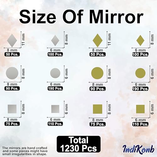 INDIKONB Craft Mirror Set with Storage Box | Glass Pieces for Lippan Art, Crafts, and Jewelry Making - Combo Set of 12 Shapes, 4-11mm (Gold and Silver) - Image 2