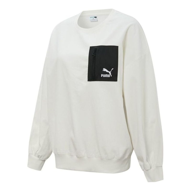 PUMA (WMNS) PUMA Contrasting Colors Zipper Pocket Sports Round Neck Pullover 'White' - Image 1