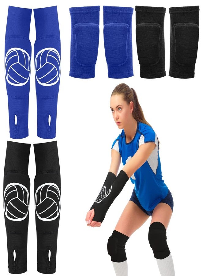 Sosation 2 Set Volleyball Knee Pads and Volleyball Arm Sleeves with Protection Pad Compression Forearm Wrist Guard with Thumb Hole Soft Breathable Pads for Hitting Passing(Black, Blue) - Image 1