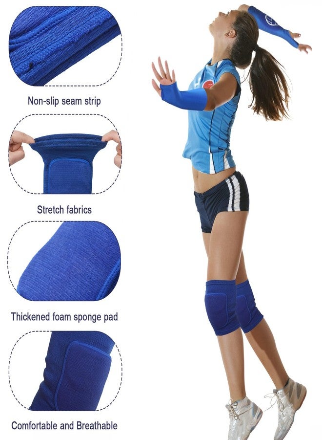 Sosation 2 Set Volleyball Knee Pads and Volleyball Arm Sleeves with Protection Pad Compression Forearm Wrist Guard with Thumb Hole Soft Breathable Pads for Hitting Passing(Black, Blue) - Image 4