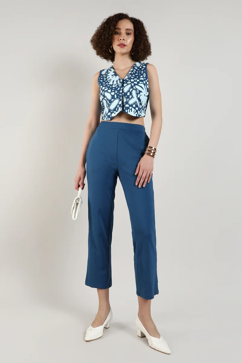 Campus Sutra Women's Cobalt Blue & Sky Blue Flora Vest Co-Ord Set