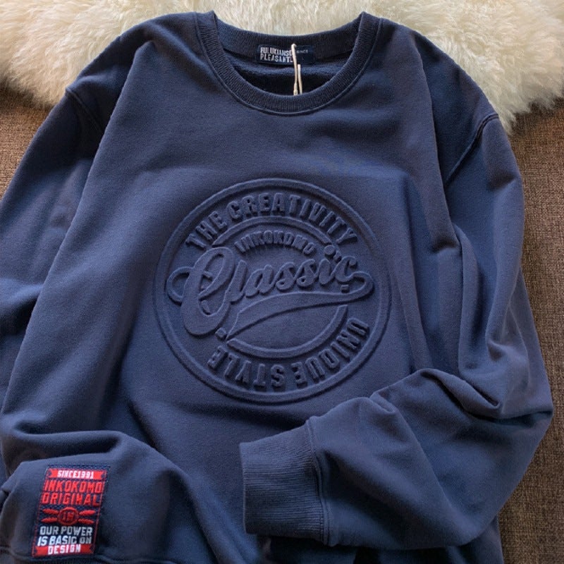 6535 Fish Scale Sweat 2022 Spring and Autumn New Korean Style Three-dimensional Bump Round Neck Sweat Men and Women Couple Top Dark blue - Image 1