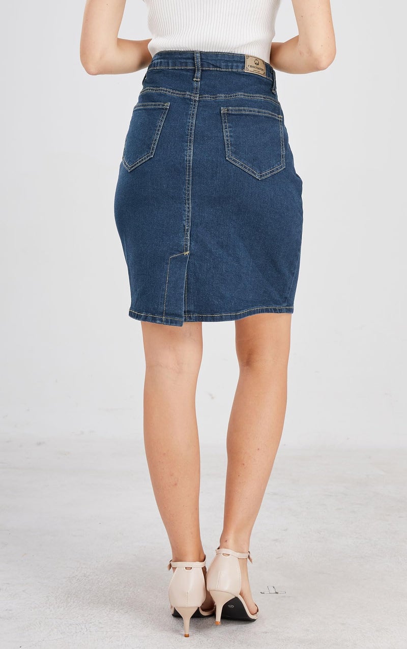 chouyatou Women's Basic Five-Pocket Rugged Wear Denim Skirt with Slit (X-Small, Blue) - Image 3