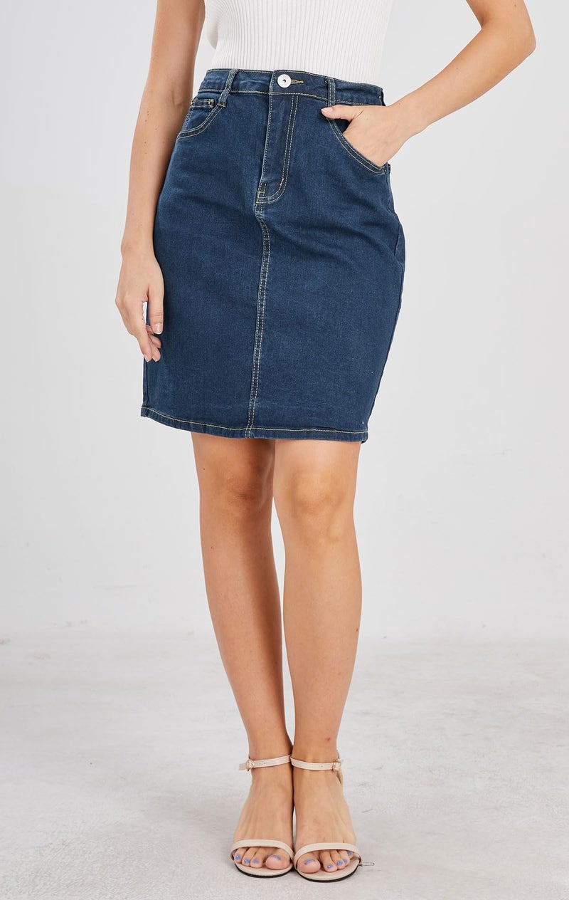 chouyatou Women's Basic Five-Pocket Rugged Wear Denim Skirt with Slit (X-Small, Blue) - Image 2
