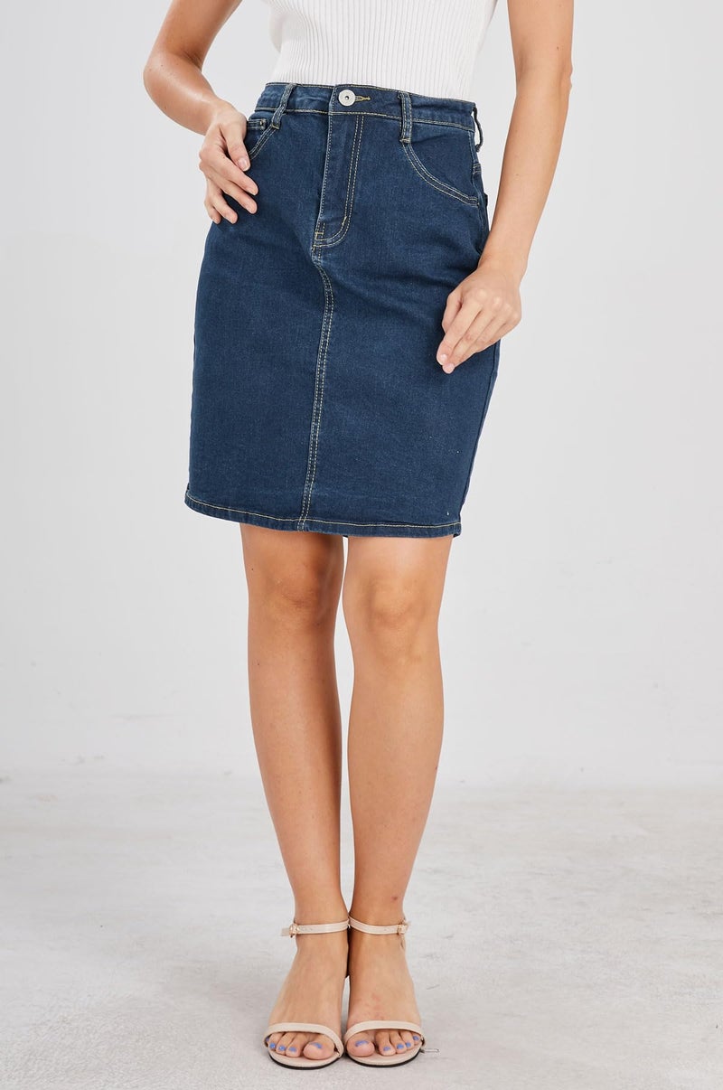 chouyatou Women's Basic Five-Pocket Rugged Wear Denim Skirt with Slit (X-Small, Blue) - Image 4