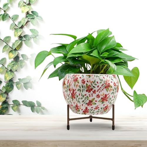 CINAGRO Metal Flower Vase Planter Pot with Iron Stand, Pots for Plants, Plant Pots for Home Decoration, Succulent Pot, Indoor Planter Balcony Garden Decor (Size: 6X6 inch) Style: Floral Fresco - Image 1