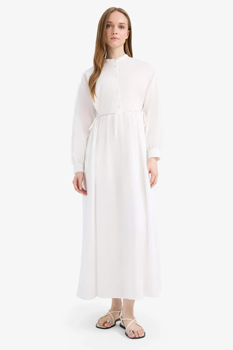 DeFacto Relax Fit Crew Neck Belted Poplin Long Sleeve Maxi Dress