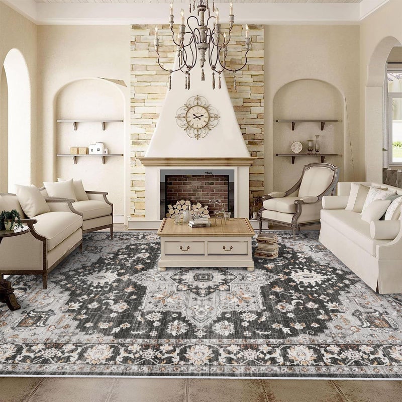TOPRUUG Washable Oriental Area Rug - 9x12 Rugs for Living Room Soft Carpet for Bedroom Waterproof Floral Distressed Indoor Stain Resistant Non-Shedding Floor Carpets (Black, 9x12) - Image 1