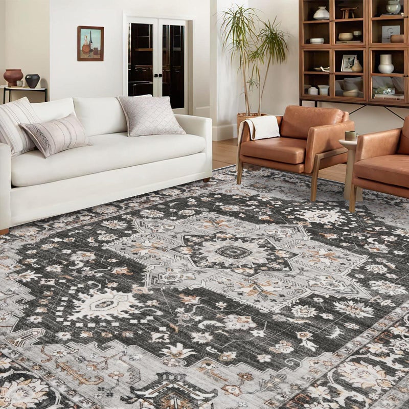 TOPRUUG Washable Oriental Area Rug - 9x12 Rugs for Living Room Soft Carpet for Bedroom Waterproof Floral Distressed Indoor Stain Resistant Non-Shedding Floor Carpets (Black, 9x12) - Image 2