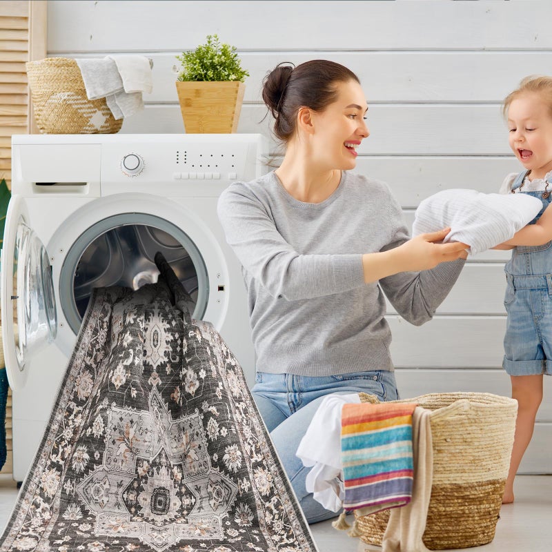 TOPRUUG Washable Oriental Area Rug - 9x12 Rugs for Living Room Soft Carpet for Bedroom Waterproof Floral Distressed Indoor Stain Resistant Non-Shedding Floor Carpets (Black, 9x12) - Image 4
