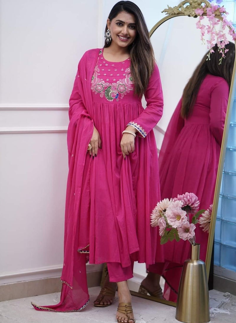 Super Asian "Chinnon Embroidered Kurti with Coordinated Pant & Soft Chanderi Cotton Dupatta"  - Image 1