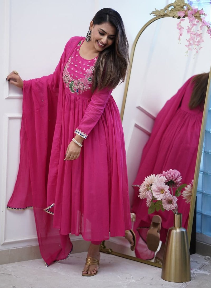 Super Asian "Chinnon Embroidered Kurti with Coordinated Pant & Soft Chanderi Cotton Dupatta"  - Image 3