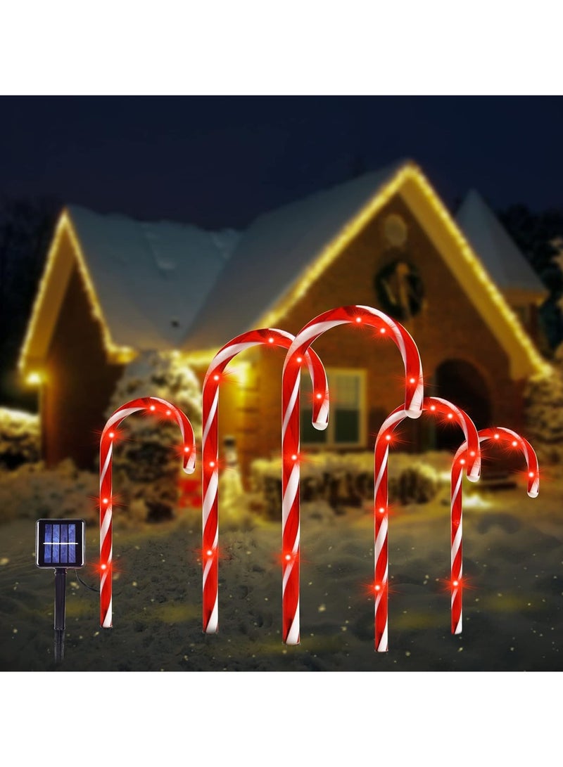 AUTOYSUR أضواء مسار عيد الميلاد الشمسية، أضواء قصب الحلوى الشمسية الخارجية، أضواء المناظر الطبيعية المقاومة للماء، أضواء زينة عيد الميلاد للحديقة والفناء والشارع والحديقة، 5 عبوات - Image 1