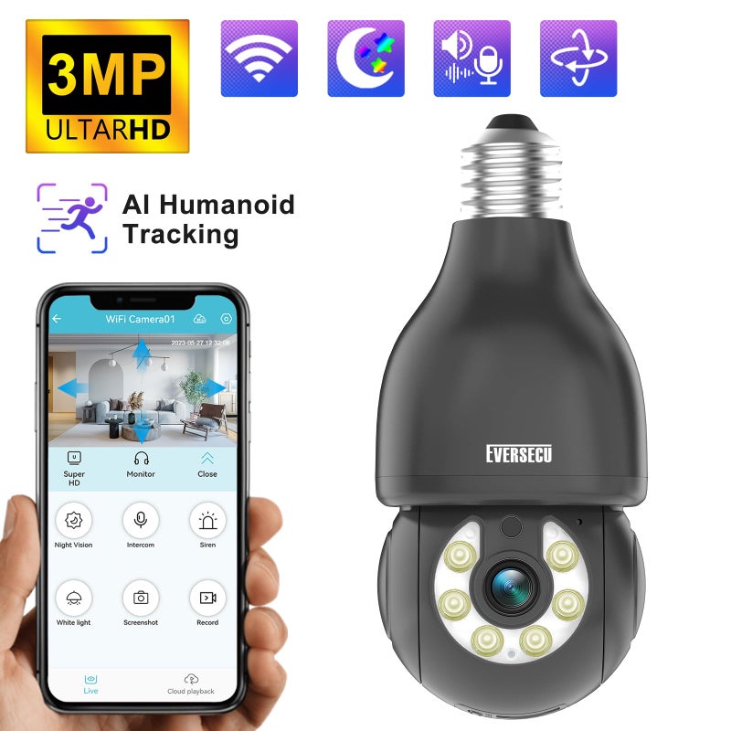 EVERSECU HD 2K 3.0MP Wireless Light Bulb Security Camera with E27 Light Connector, Motion Auto Tracking, 2 Way Audio, Spotlight Night Vision, Free APP, WiFi Screw-in CCTV Camera, Black(4pack) - Image 2