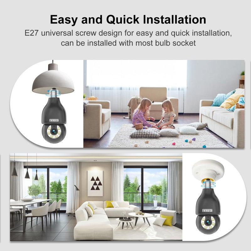 EVERSECU HD 2K 3.0MP Wireless Light Bulb Security Camera with E27 Light Connector, Motion Auto Tracking, 2 Way Audio, Spotlight Night Vision, Free APP, WiFi Screw-in CCTV Camera, Black(4pack) - Image 3