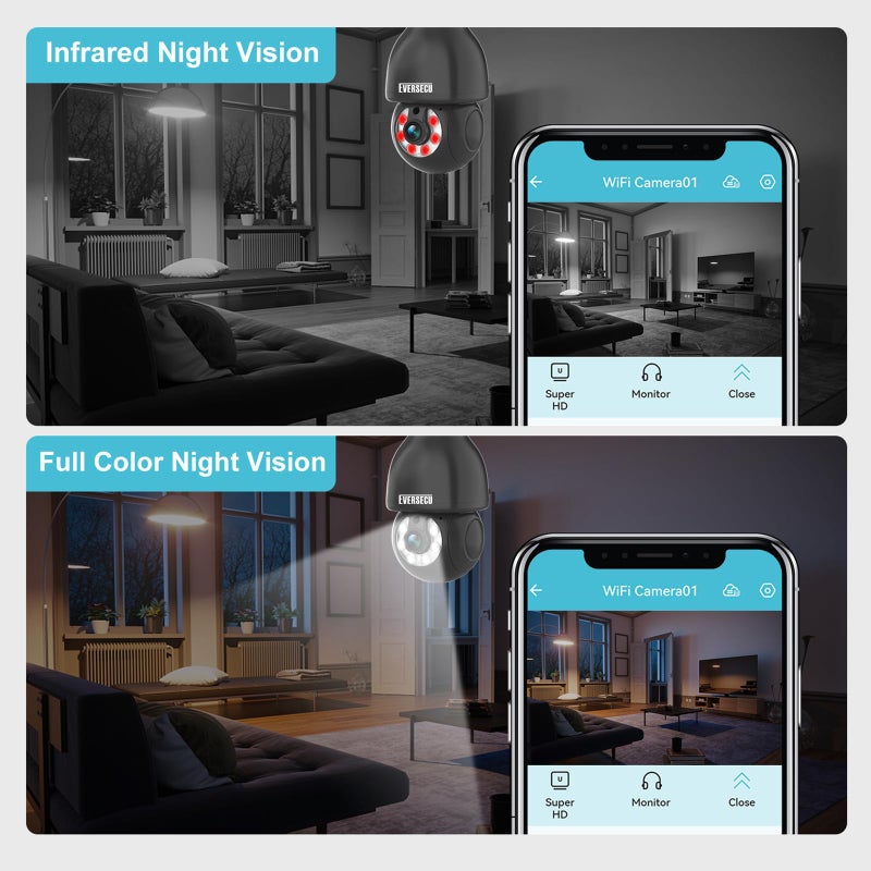 EVERSECU HD 2K 3.0MP Wireless Light Bulb Security Camera with E27 Light Connector, Motion Auto Tracking, 2 Way Audio, Spotlight Night Vision, Free APP, WiFi Screw-in CCTV Camera, Black(4pack) - Image 4